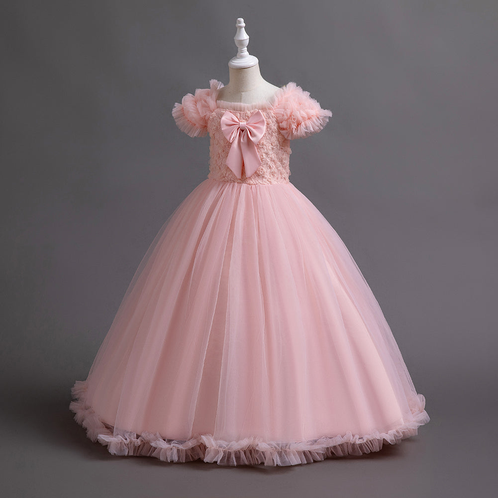 Pink Girls Ruffled Bow Detail Maxi Dress