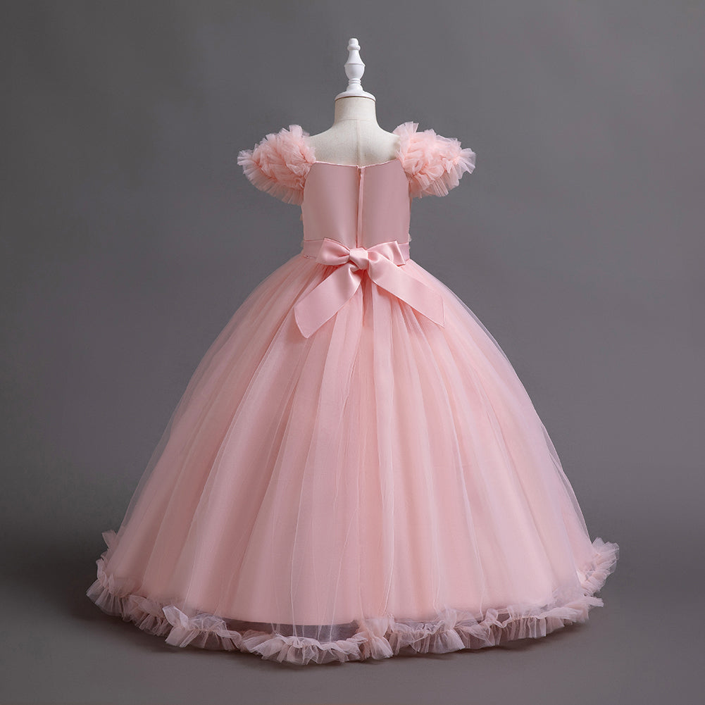Pink Girls Ruffled Bow Detail Maxi Dress