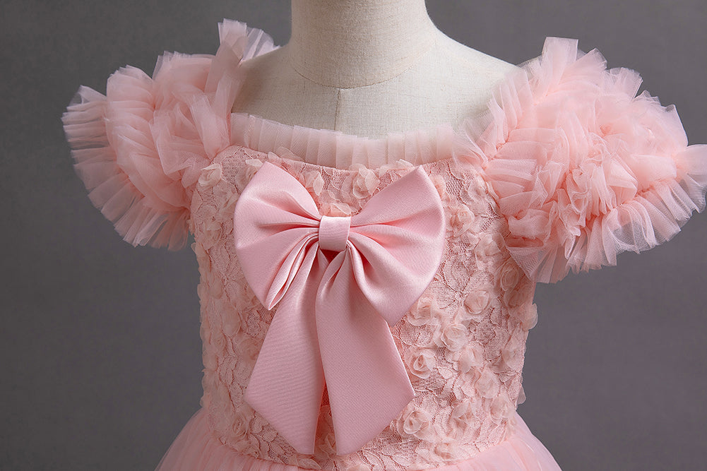 Pink Girls Ruffled Bow Detail Maxi Dress
