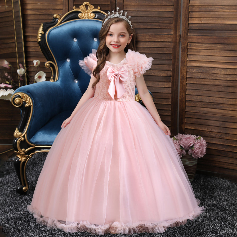 Pink Girls Ruffled Bow Detail Maxi Dress
