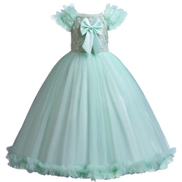 Girls Green Square Neck Flutter Sleeves Bow Maxi Dress
