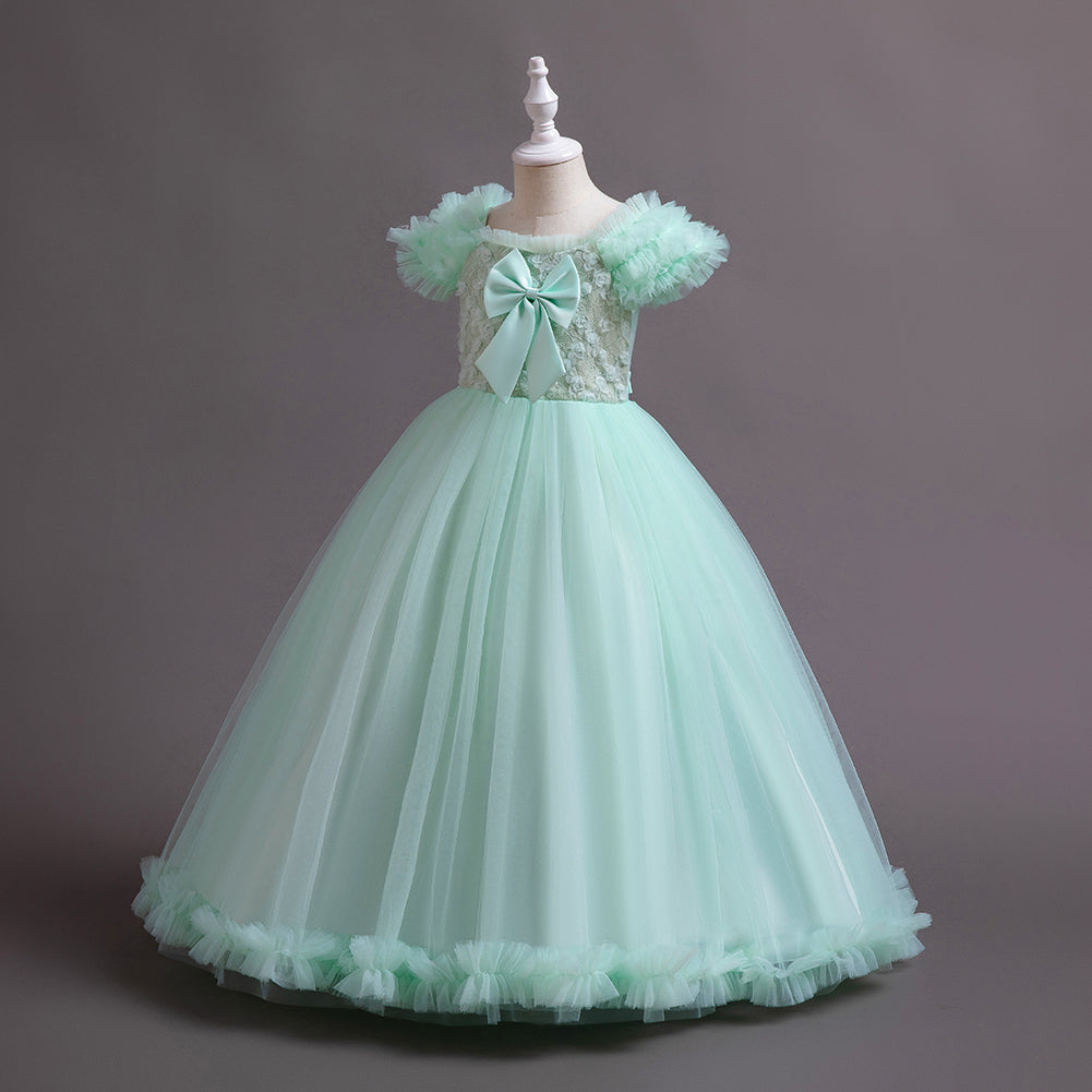 Girls Green Square Neck Flutter Sleeves Bow Maxi Dress