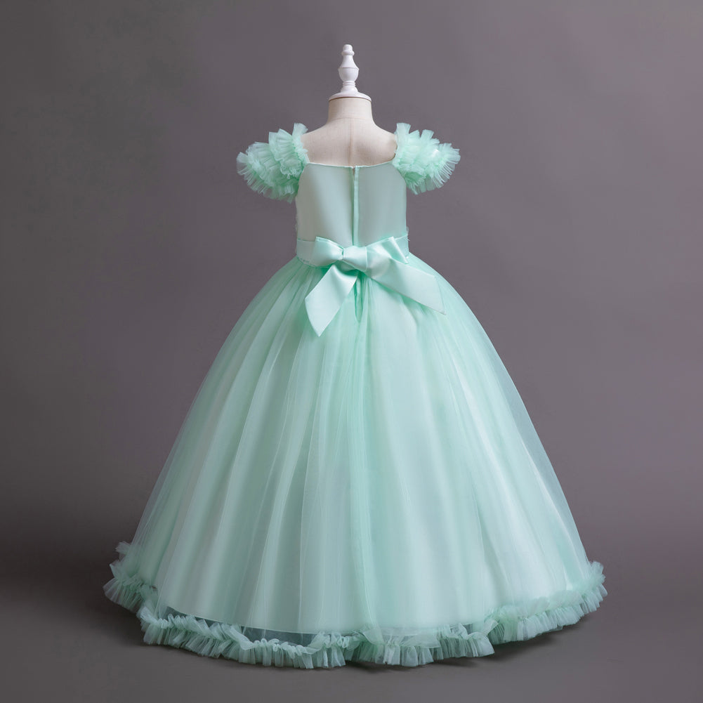 Girls Green Square Neck Flutter Sleeves Bow Maxi Dress