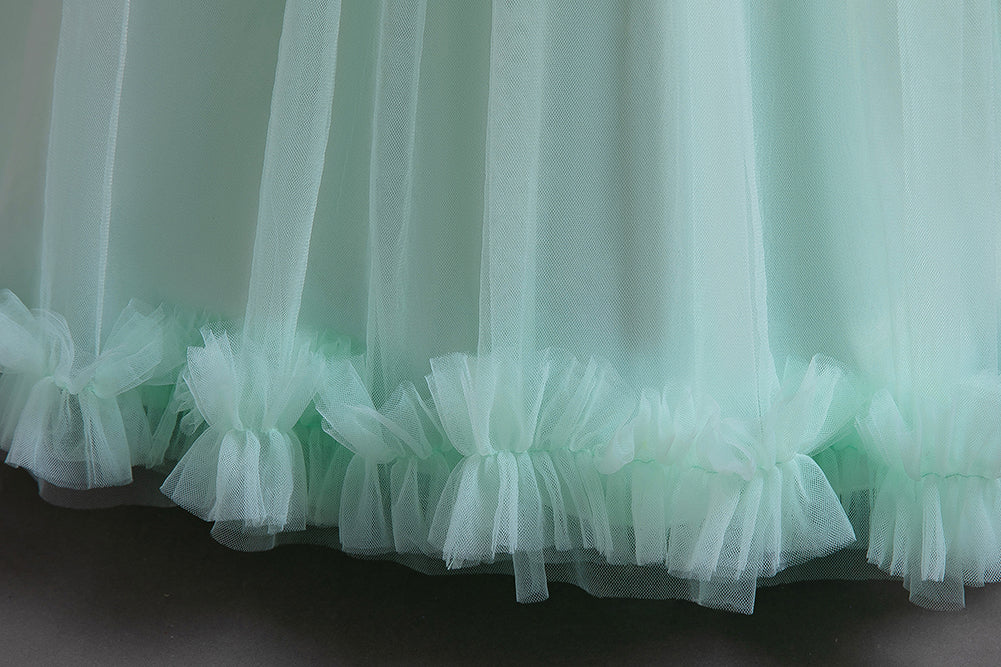 Girls Green Square Neck Flutter Sleeves Bow Maxi Dress