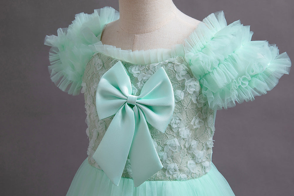 Girls Green Square Neck Flutter Sleeves Bow Maxi Dress