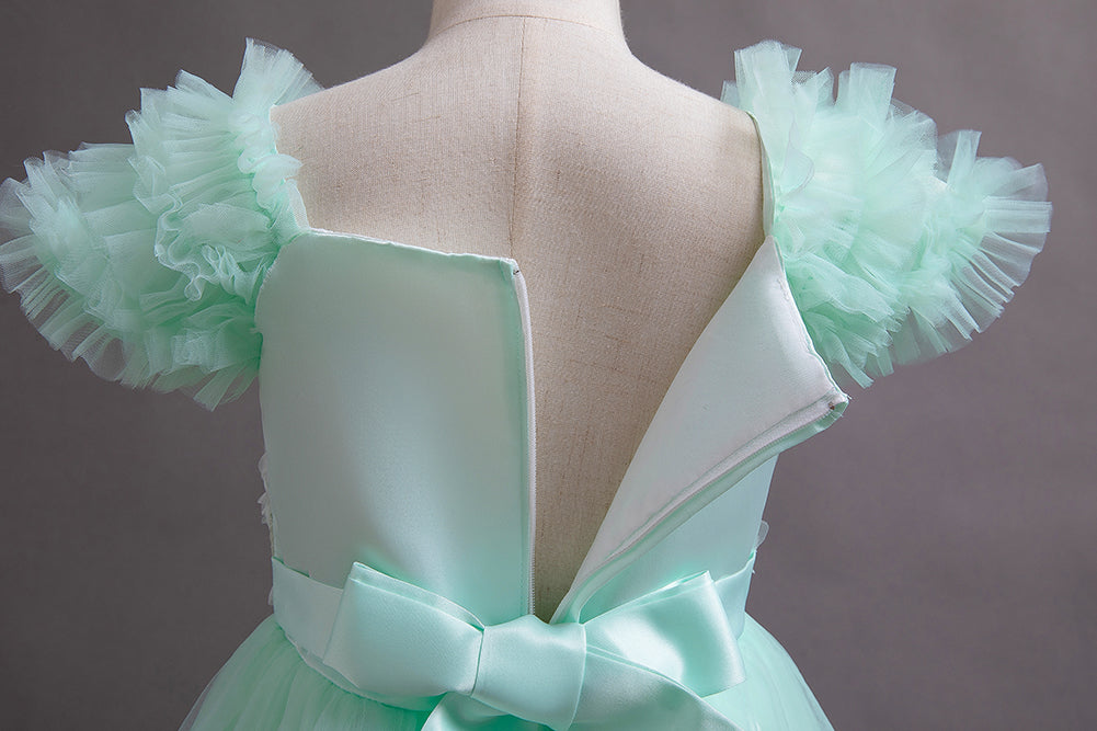Girls Green Square Neck Flutter Sleeves Bow Maxi Dress