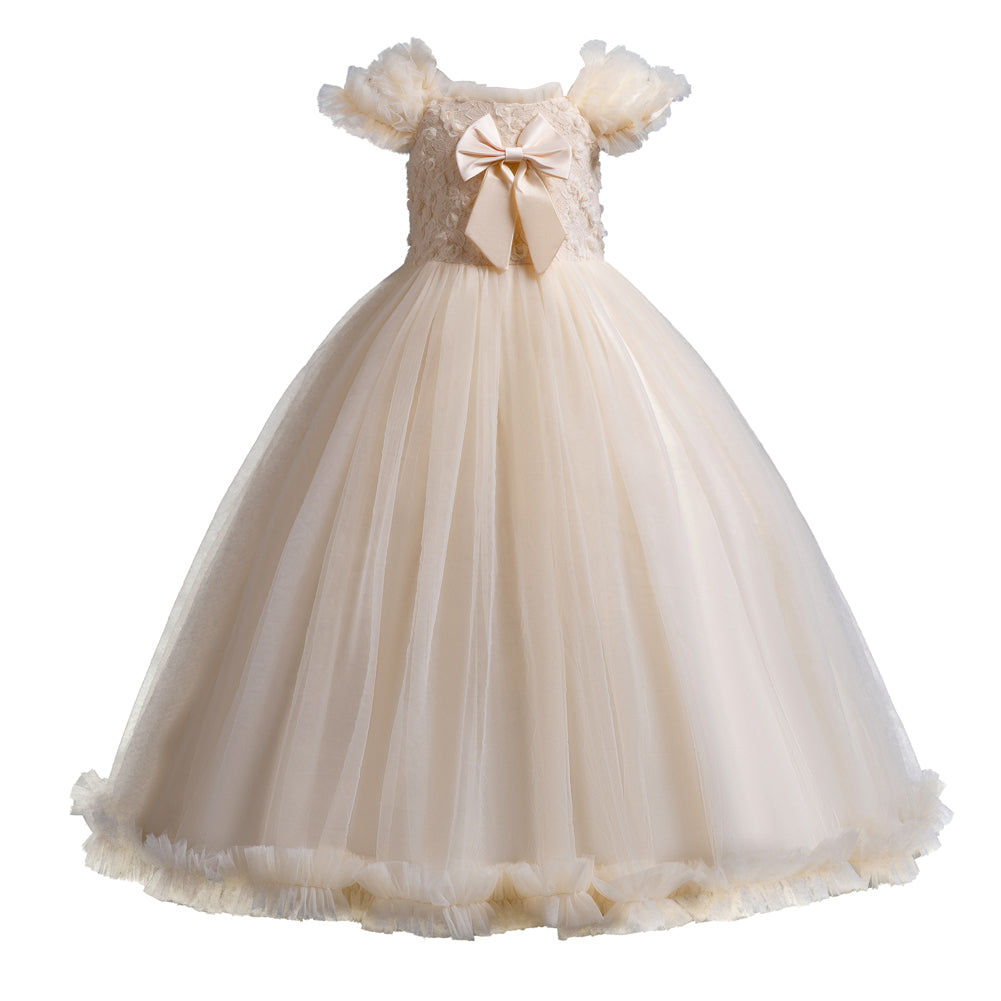 Girls Champagne Cape Sleeves Bow Detailed Maxi Dress