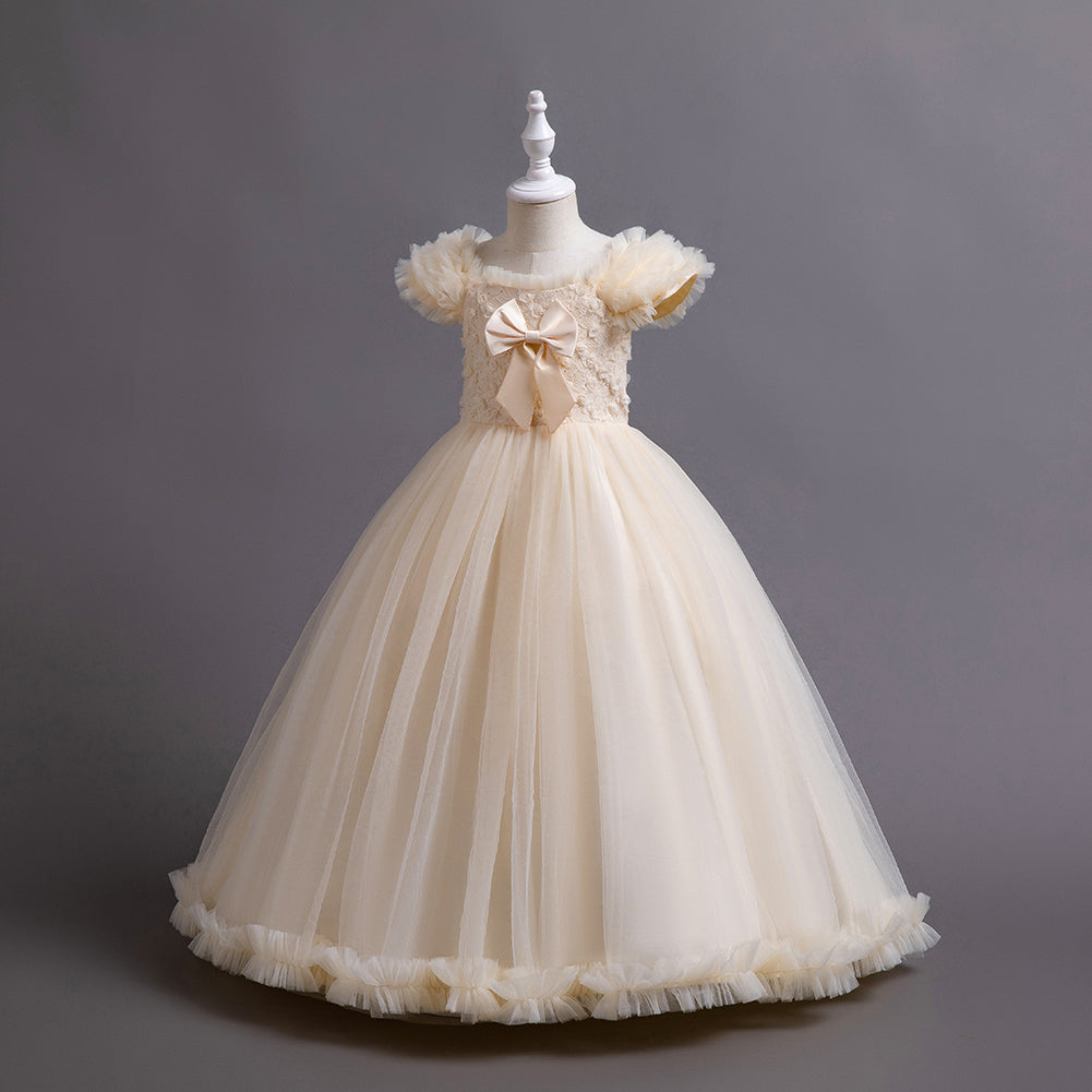 Girls Champagne Cape Sleeves Bow Detailed Maxi Dress