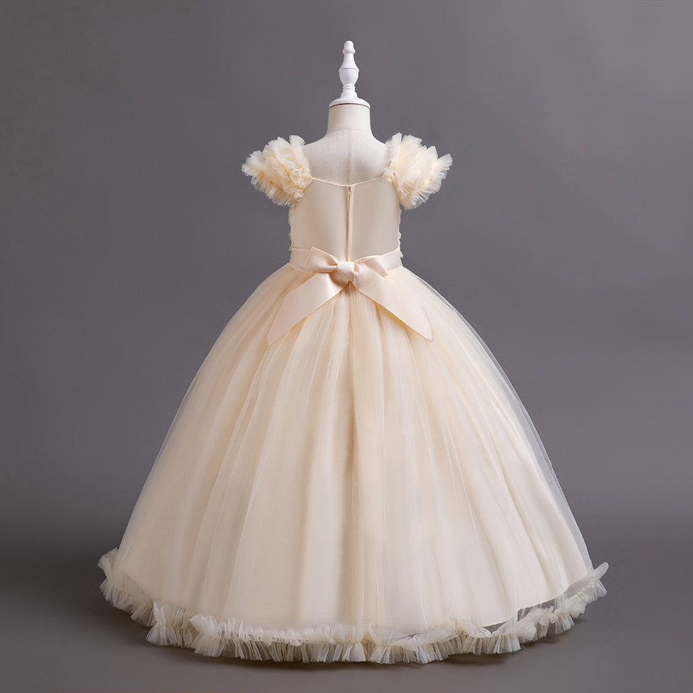 Girls Champagne Cape Sleeves Bow Detailed Maxi Dress