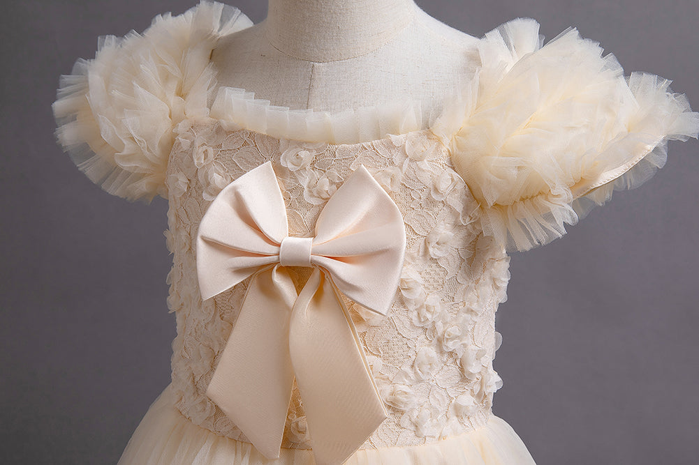 Girls Champagne Cape Sleeves Bow Detailed Maxi Dress