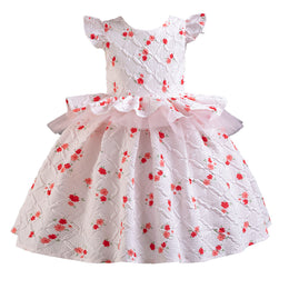 Girls White Floral Printed Cap Sleeves Ruffles Fit and Flare Dress