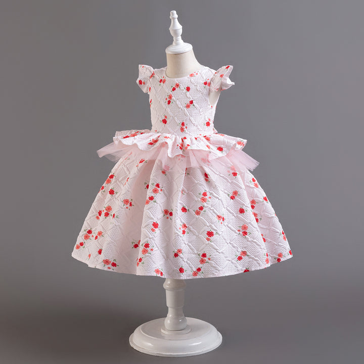 Girls White Floral Printed Cap Sleeves Ruffles Fit and Flare Dress