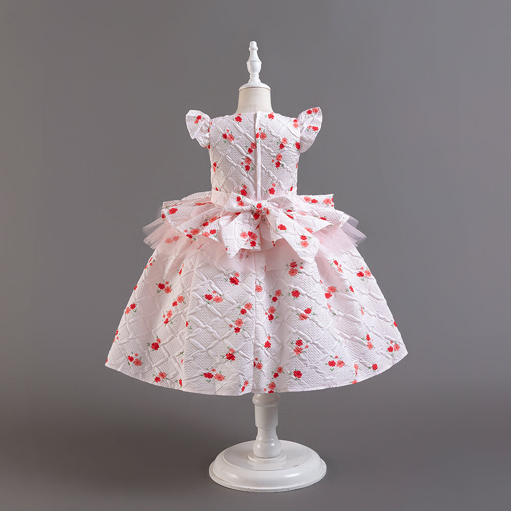 Girls White Floral Printed Cap Sleeves Ruffles Fit and Flare Dress