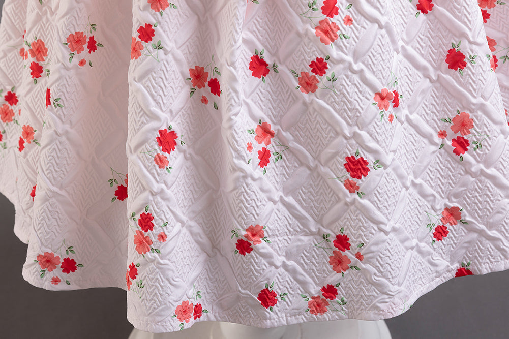 Girls White Floral Printed Cap Sleeves Ruffles Fit and Flare Dress
