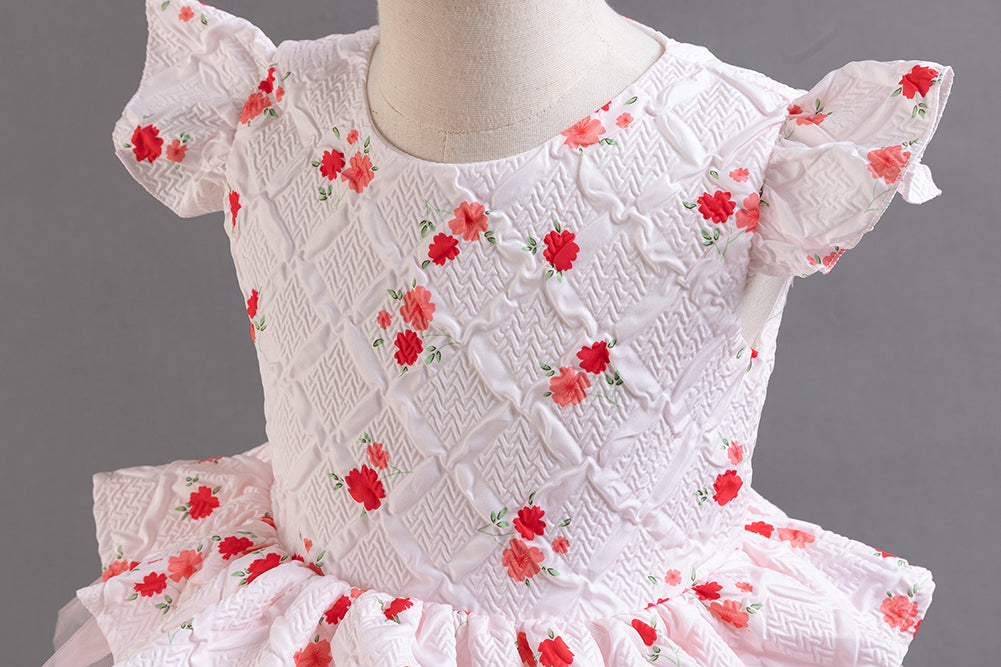 Girls White Floral Printed Cap Sleeves Ruffles Fit and Flare Dress