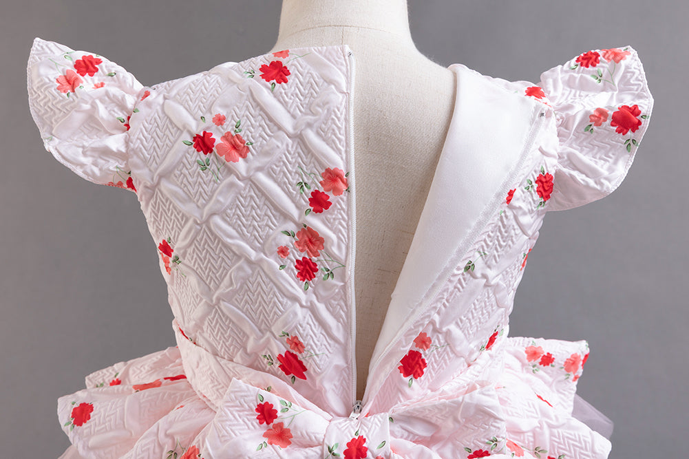 Girls White Floral Printed Cap Sleeves Ruffles Fit and Flare Dress