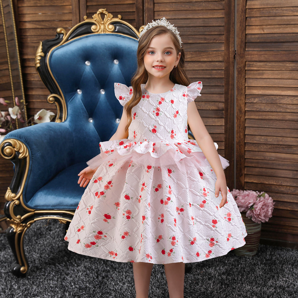Girls White Floral Printed Cap Sleeves Ruffles Fit and Flare Dress