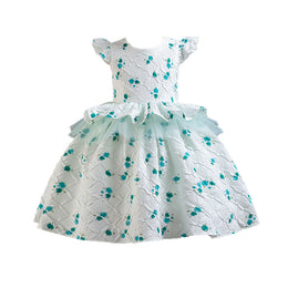 Girls Green & White Floral Printed Cap Sleeves Layered Peplum Dress