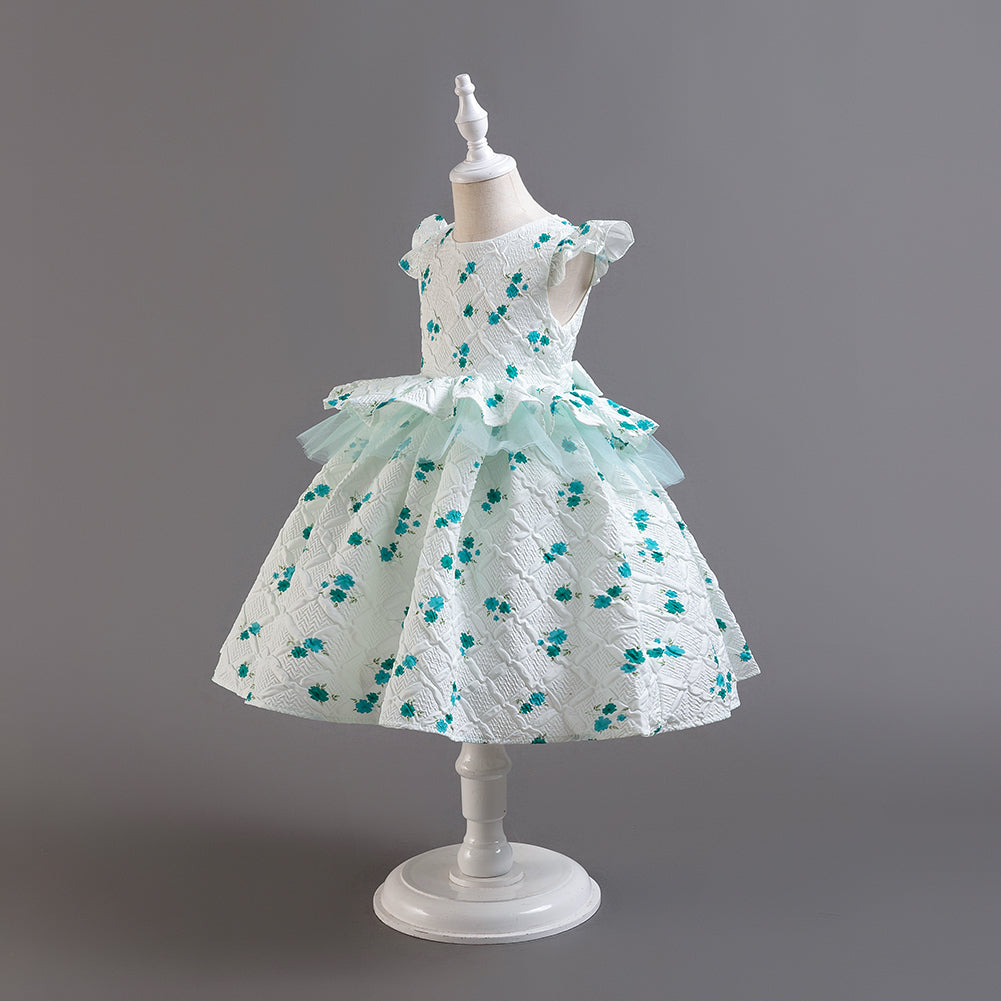 Girls Green & White Floral Printed Cap Sleeves Layered Peplum Dress