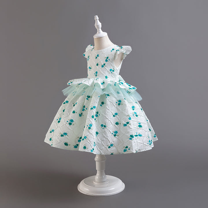 Girls Green & White Floral Printed Cap Sleeves Layered Peplum Dress