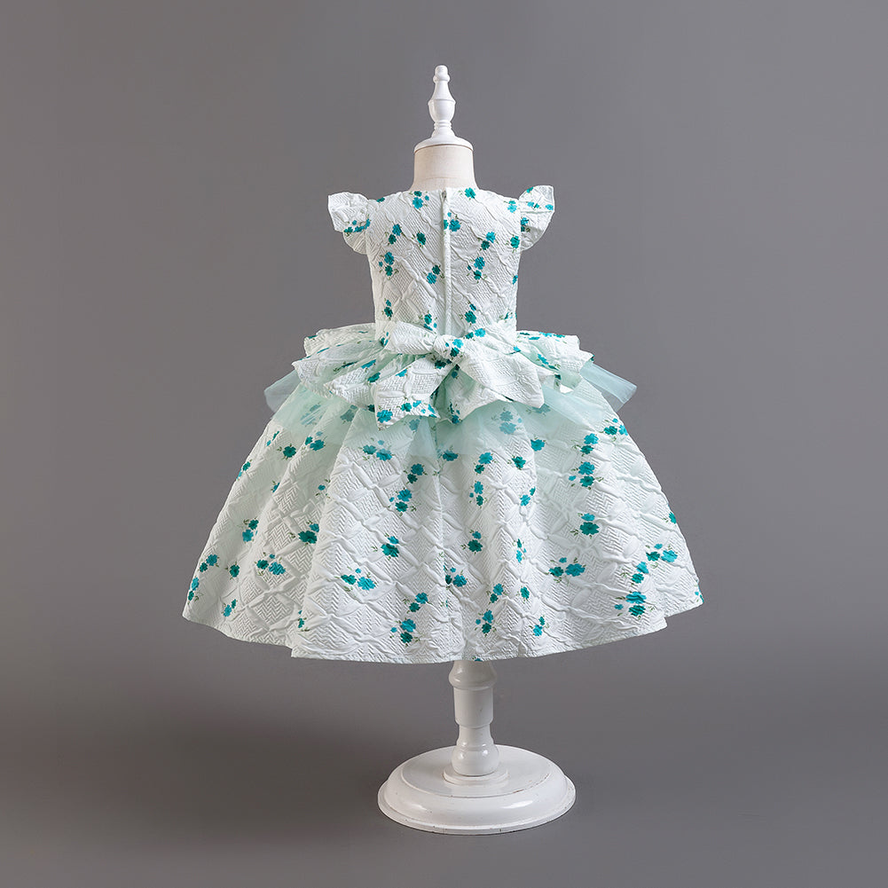 Girls Green & White Floral Printed Cap Sleeves Layered Peplum Dress