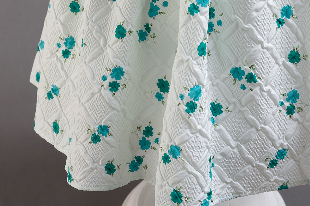 Girls Green & White Floral Printed Cap Sleeves Layered Peplum Dress