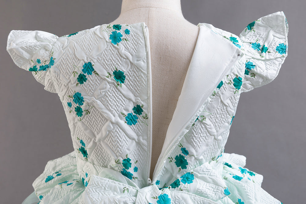 Girls Green & White Floral Printed Cap Sleeves Layered Peplum Dress