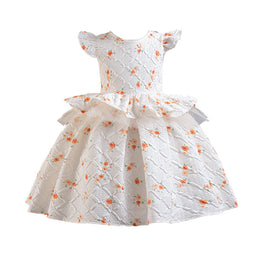 Girls White Floral Print Flared Sleeve Layered Balloon Mini Dress