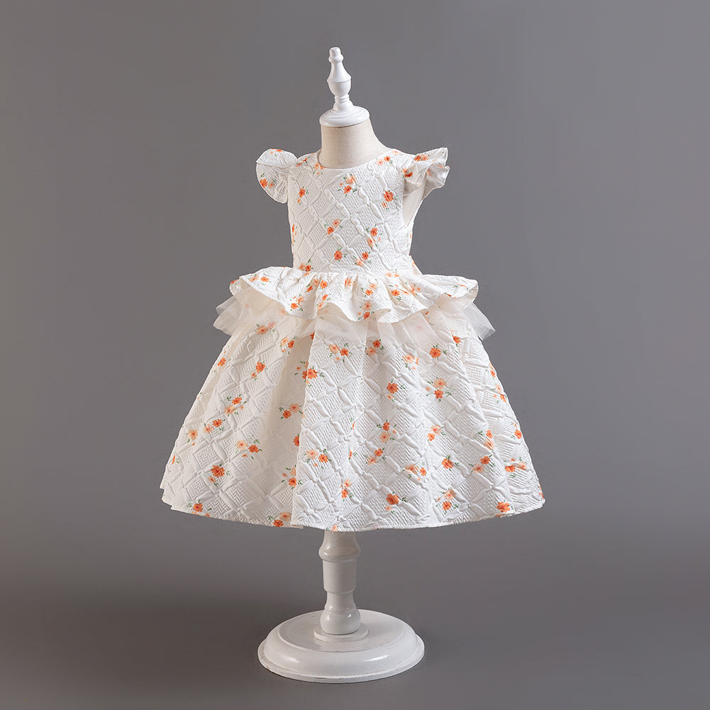 Girls White Floral Print Flared Sleeve Layered Balloon Mini Dress