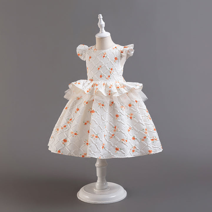 Girls White Floral Print Flared Sleeve Layered Balloon Mini Dress