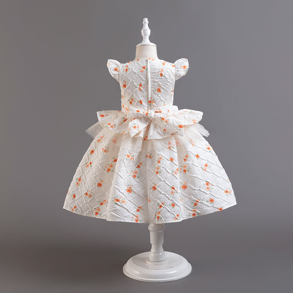 Girls White Floral Print Flared Sleeve Layered Balloon Mini Dress