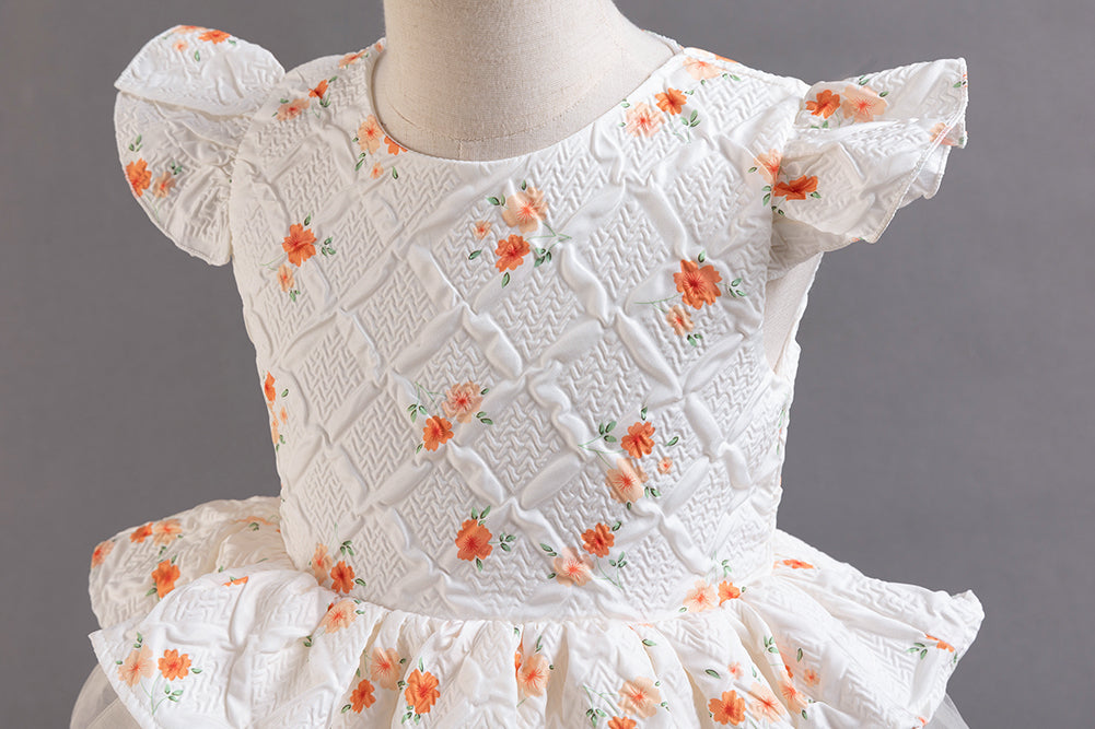 Girls White Floral Print Flared Sleeve Layered Balloon Mini Dress