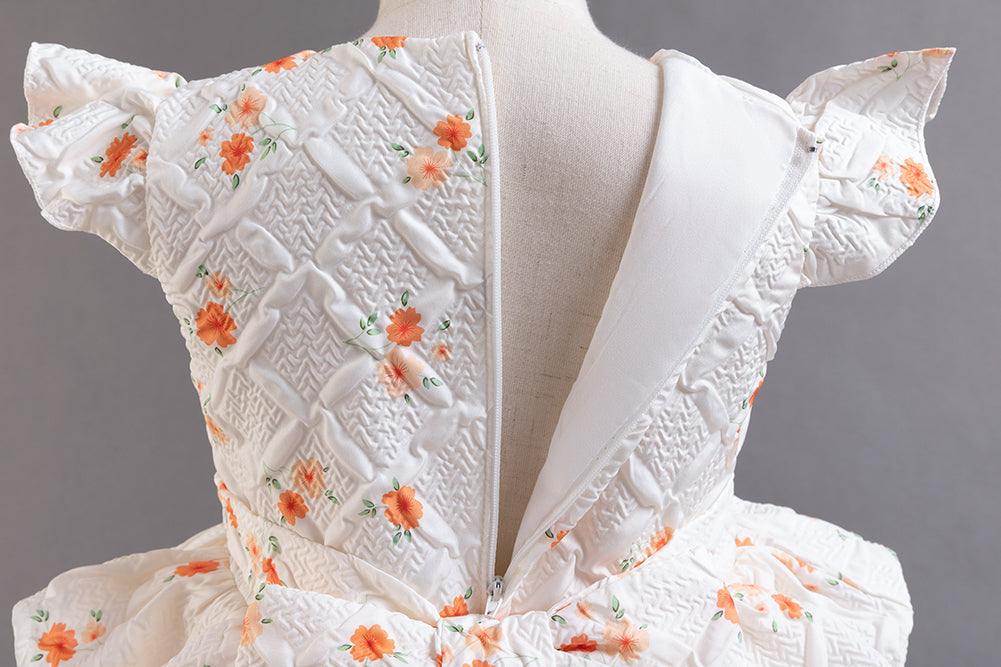 Girls White Floral Print Flared Sleeve Layered Balloon Mini Dress