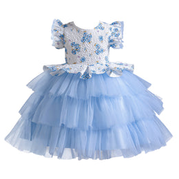 Girls Blue Floral Printed Flutter Sleeves Layered Fit & Flare Dress