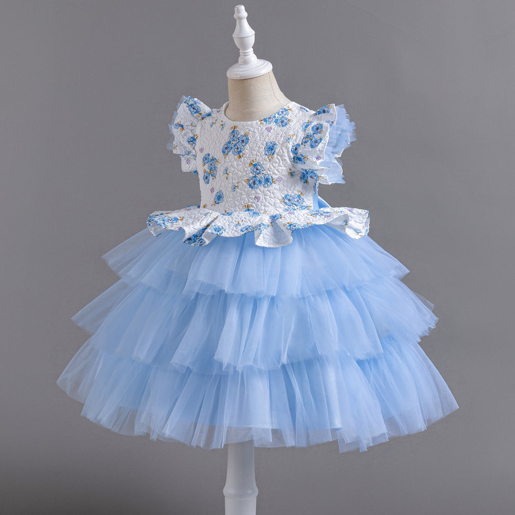 Girls Blue Floral Printed Flutter Sleeves Layered Fit & Flare Dress