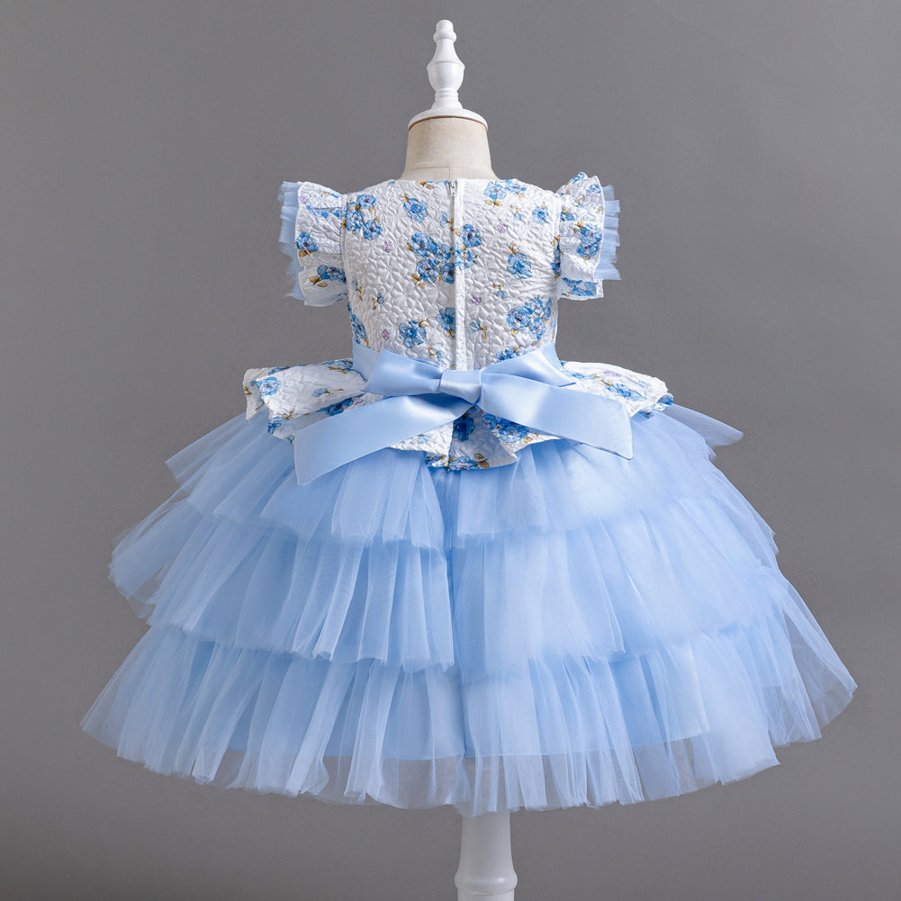 Girls Blue Floral Printed Flutter Sleeves Layered Fit & Flare Dress