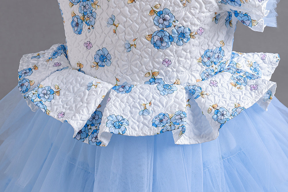Girls Blue Floral Printed Flutter Sleeves Layered Fit & Flare Dress