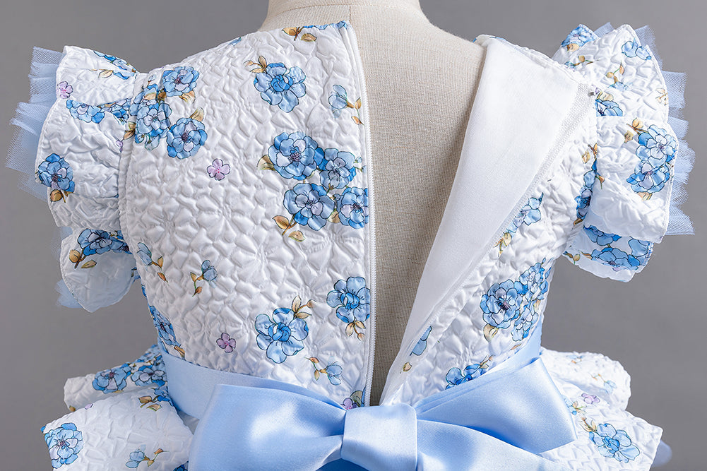 Girls Blue Floral Printed Flutter Sleeves Layered Fit & Flare Dress