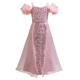 Girls Embellished Shoulder Straps Puff Sleeve Maxi Gown Dress