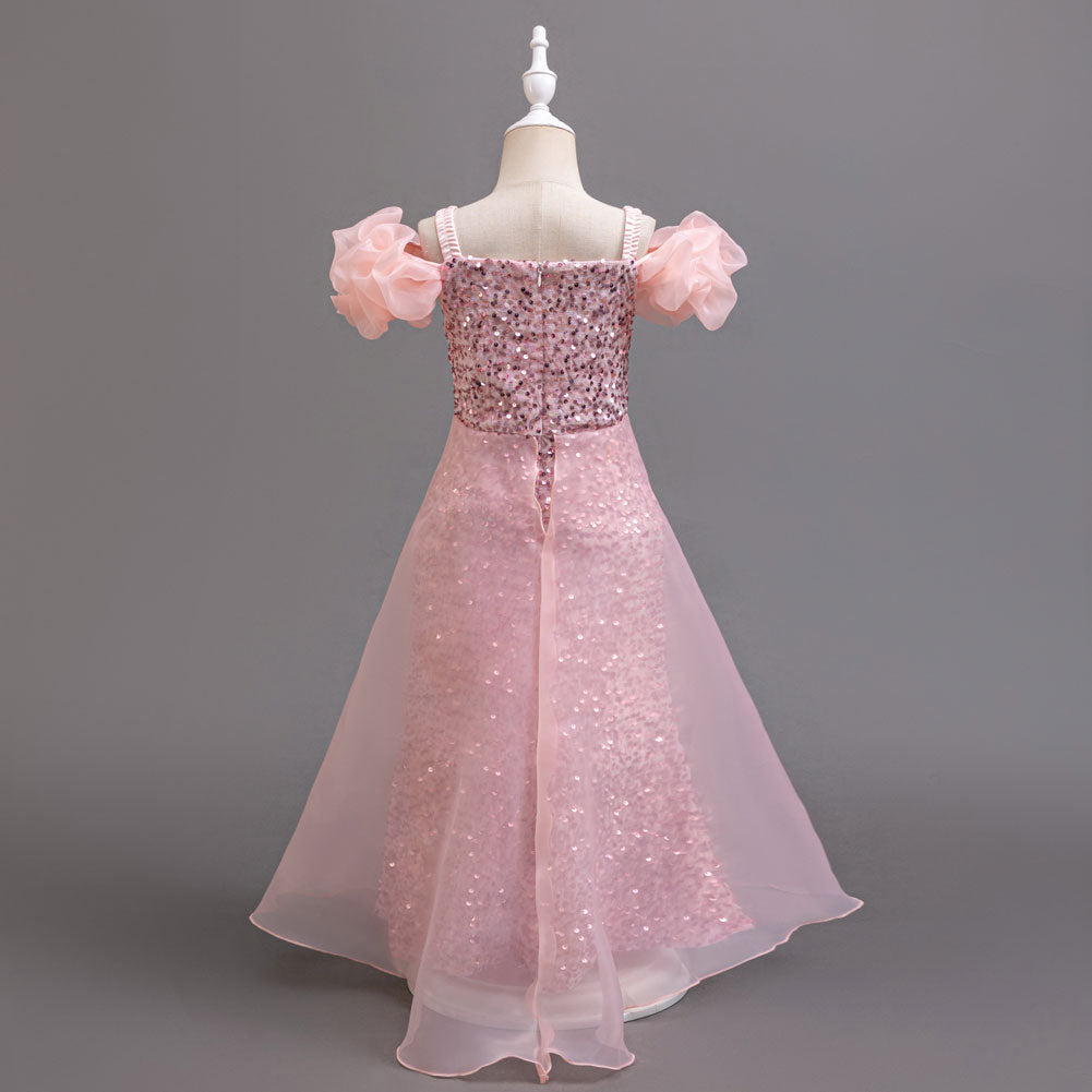 Girls Embellished Shoulder Straps Puff Sleeve Maxi Gown Dress
