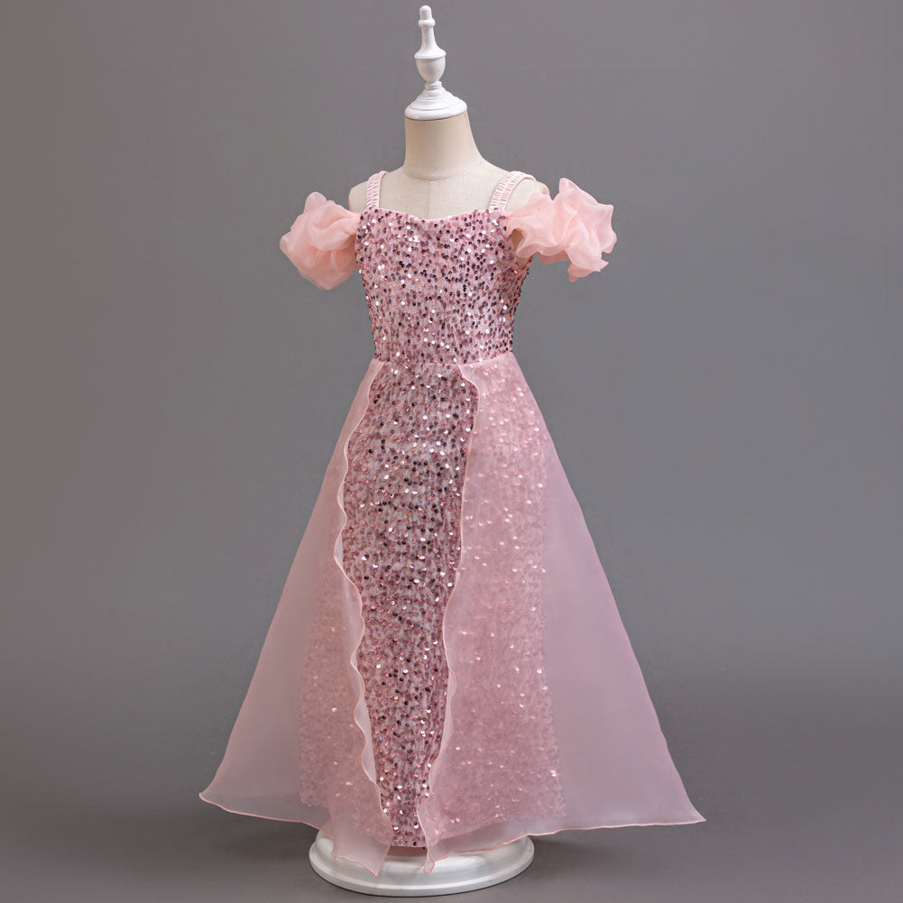Girls Embellished Shoulder Straps Puff Sleeve Maxi Gown Dress