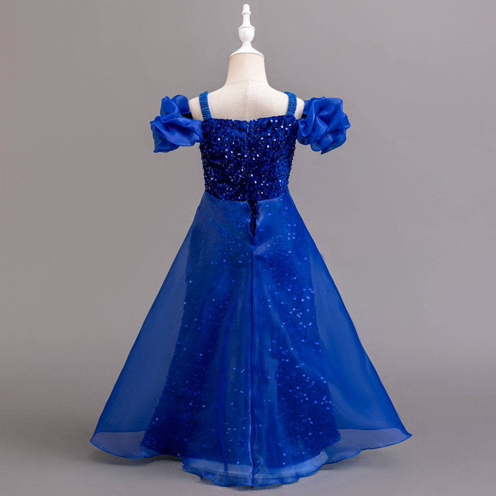 Girls Embellished Puff Sleeve Ruffled Maxi Gown Dress