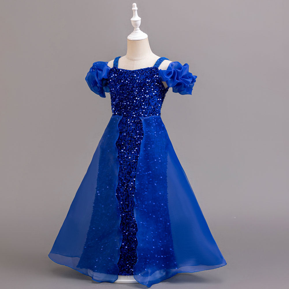 Girls Embellished Puff Sleeve Ruffled Maxi Gown Dress