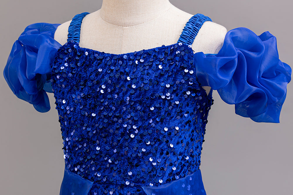 Girls Embellished Puff Sleeve Ruffled Maxi Gown Dress
