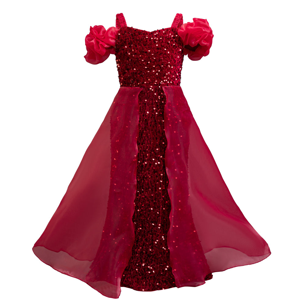 Embellished Puff Sleeve Ruffled Net Maxi Dress