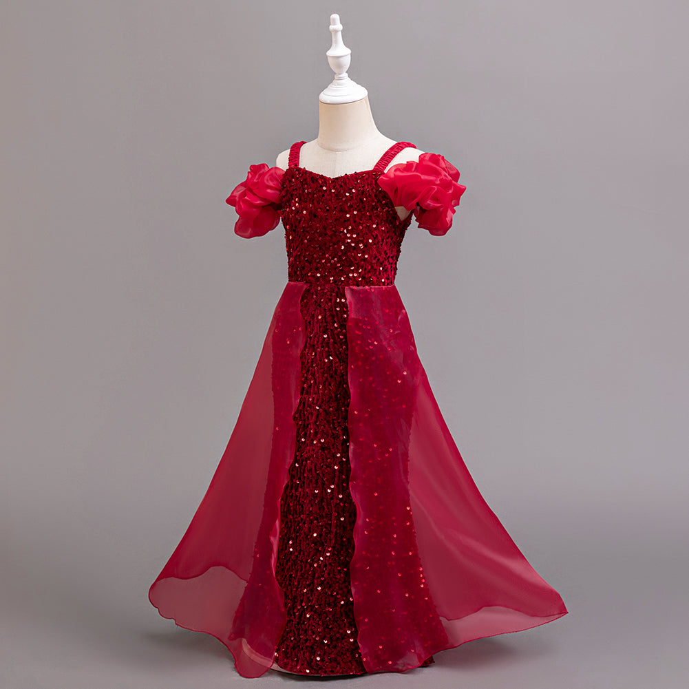 Embellished Puff Sleeve Ruffled Net Maxi Dress
