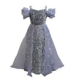 Girls Embellished Puff Sleeve Ruffled Gown Dress