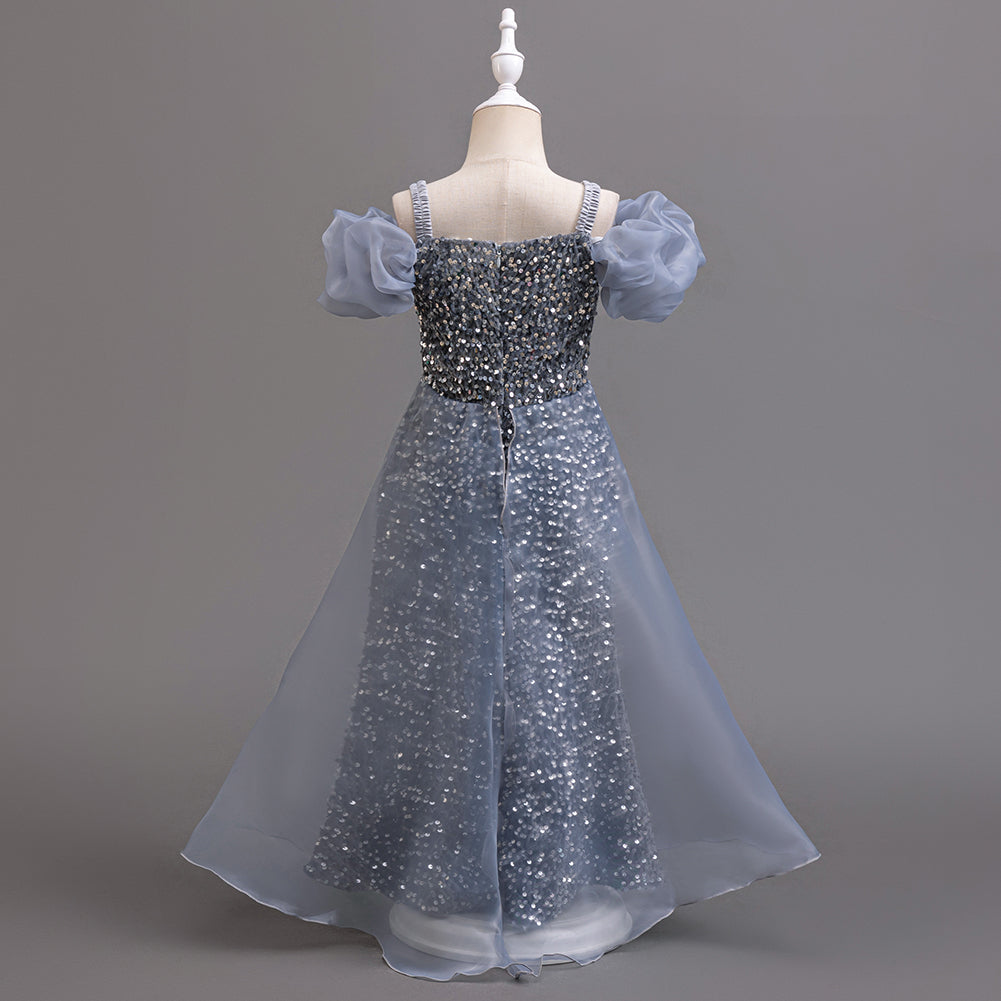 Girls Embellished Puff Sleeve Ruffled Gown Dress