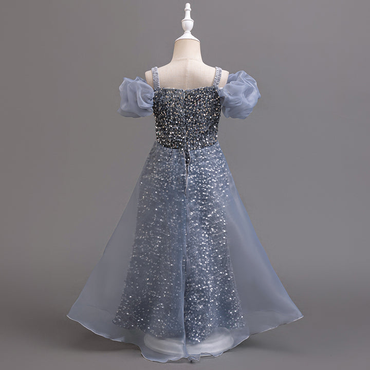 Girls Embellished Puff Sleeve Ruffled Gown Dress