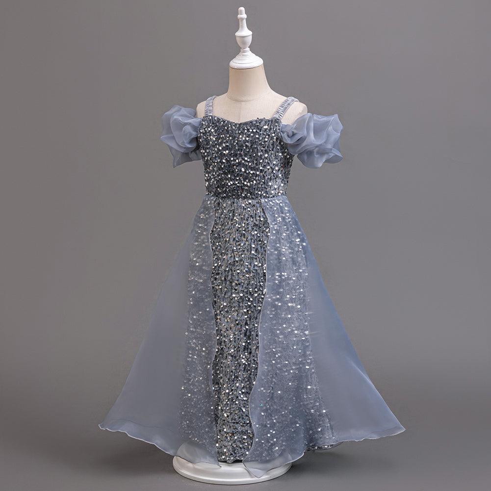Girls Embellished Puff Sleeve Ruffled Gown Dress